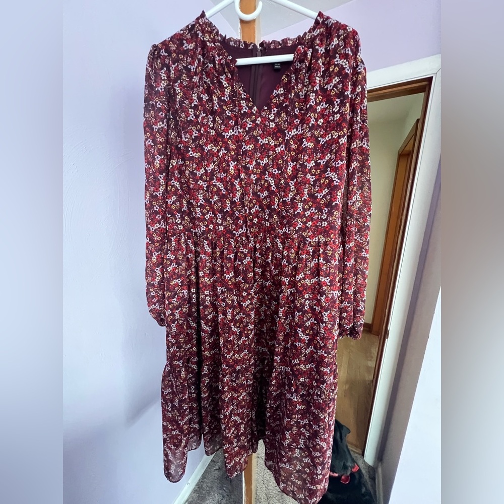 Lane Bryant Burgundy Floral Long Sleeve Midi Dress